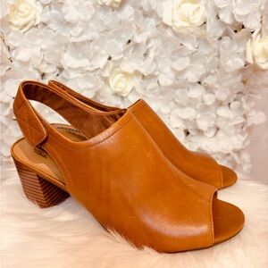 Clarks Collection Tan Leather Slingback Peep Toe Block Heel Sandals